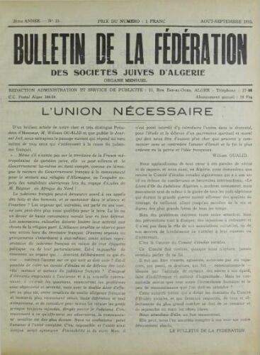Bulletin de la Fédération des sociétés juives d’Algérie  V°02 N°15 (01/08/1935)